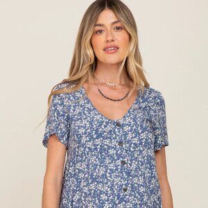 Blue Floral Tiered Button Accent Maternity Dress